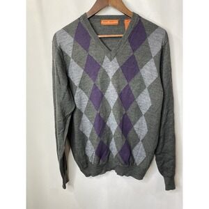 SETTE PONTI Made in Italy Men's Sweater Size Medium Gray Argyle Merino Wool Fall
